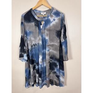 NWT Umgee Women Dress M Tie Dye Bell Sleeve Boho Blue Festival Short